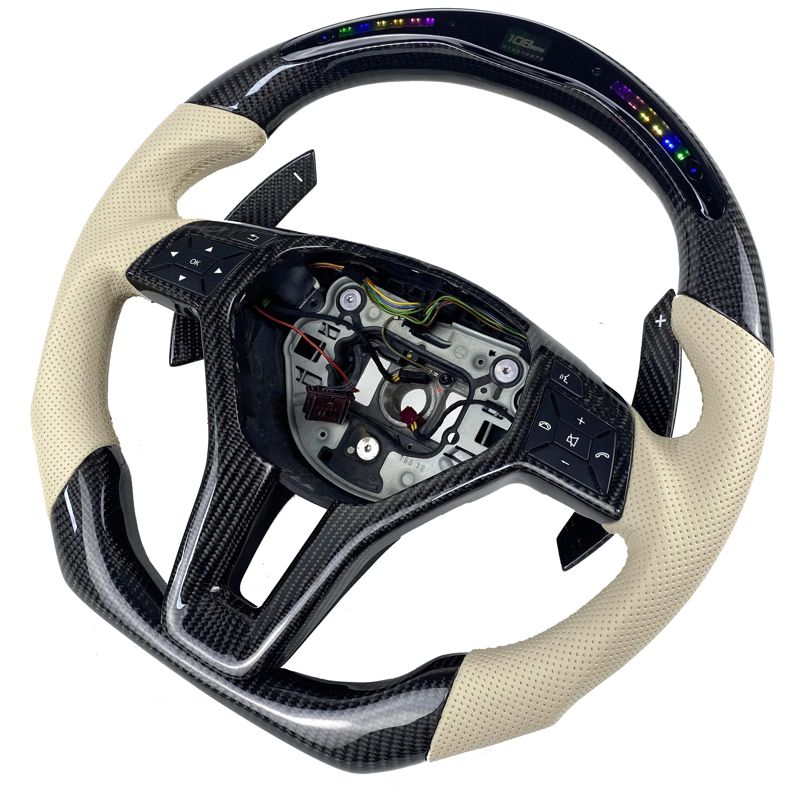 for Mercedes Benz A45 AMG CLS S-Model W176 C63 W204 CLA Customized carbon fiber steering wheel beige leather LED