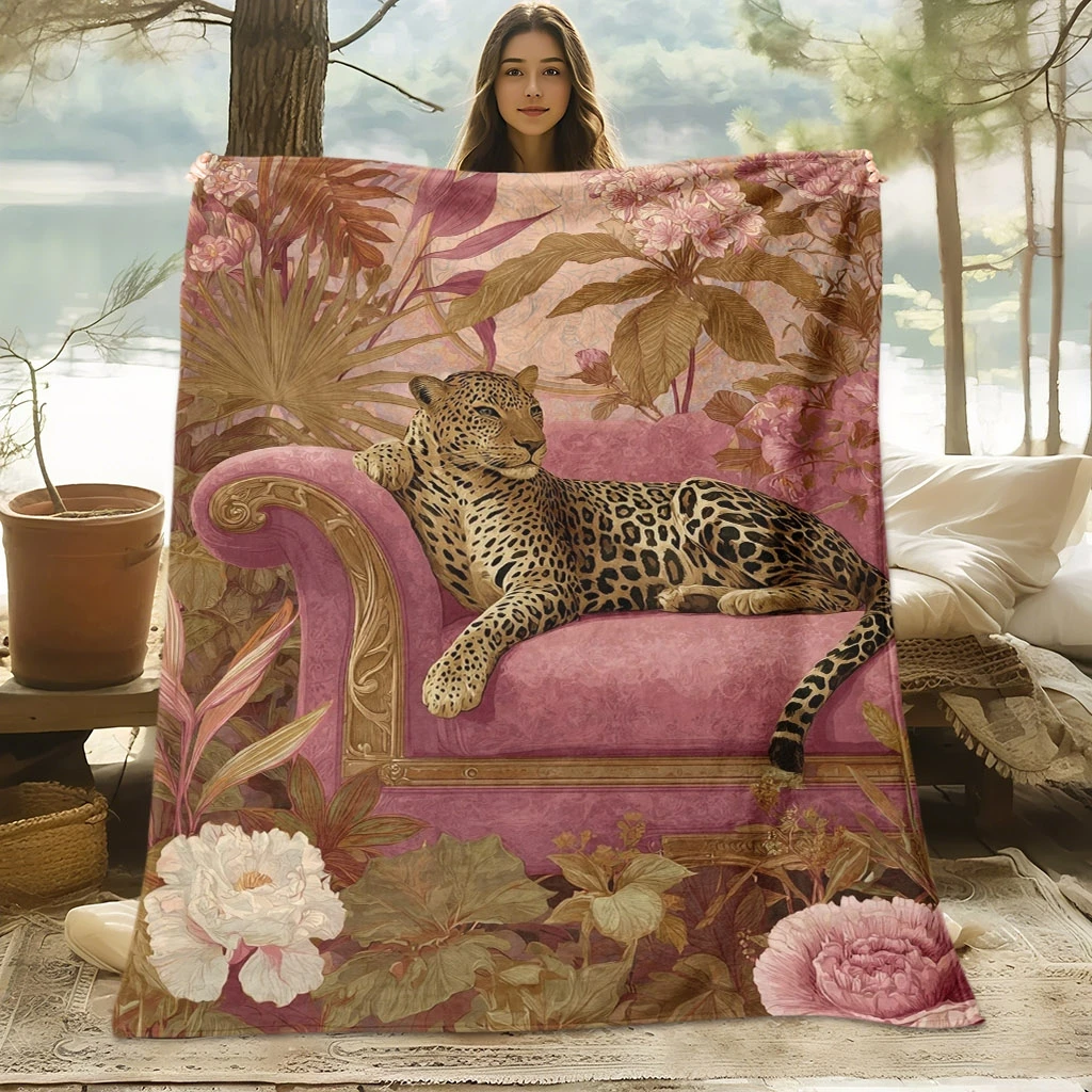 1pc of Comfortable Leopard Floral Sofa Digital Print Blanket, Suitable for All Seasons, Sofa Throw, Soft and Comfortable 100% Po