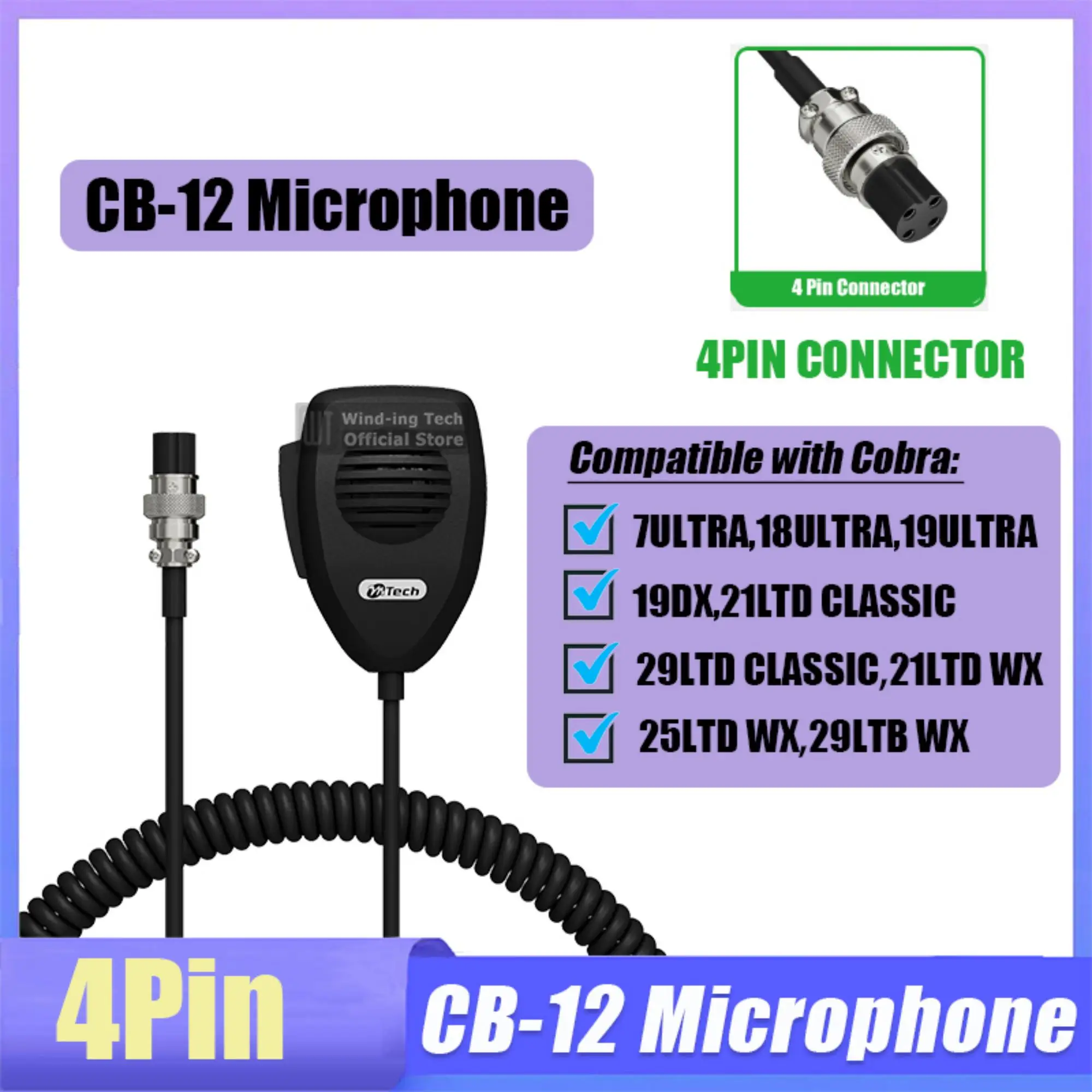 

Оригинальный микрофон CB-12 с 4-контактным разъемом для автомобильных CB-радиостанций Cobra 25 LTD, WX 7 ULTRA, 18 ULTRA, 19 DX, PPT-динамик