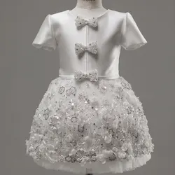 Jill Wish J357 Luxury Arabic White Girl Dress Bow Handmade Flowers with Glove Baby Kid Princess Wedding Birthday Party Gown 2025