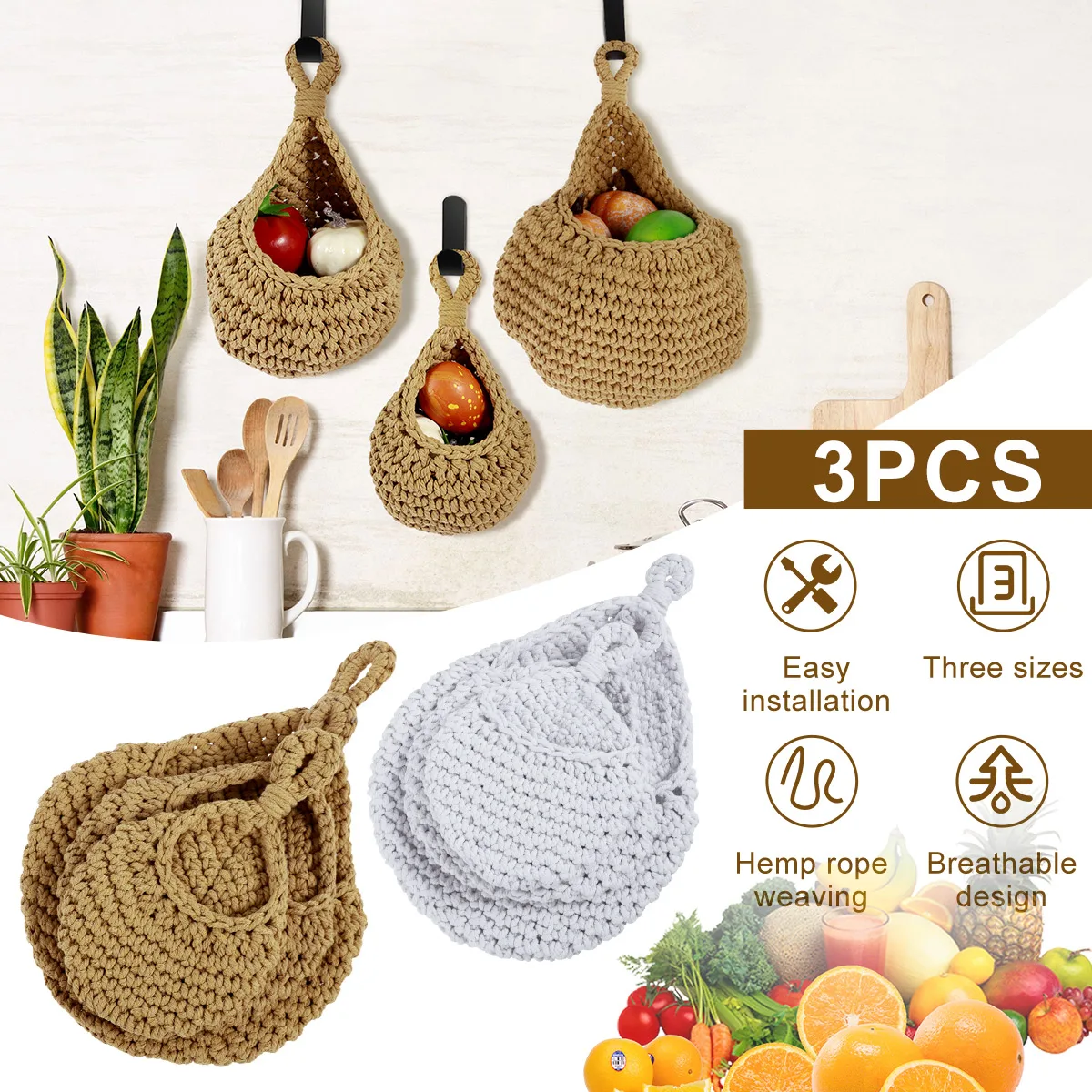 

3Pcs Hanging Fruit Baskets Breathable Vegetable Wall Baskets 3 Sizes Woven Cotton Rope Hanging Baskets Space Saving Hanging