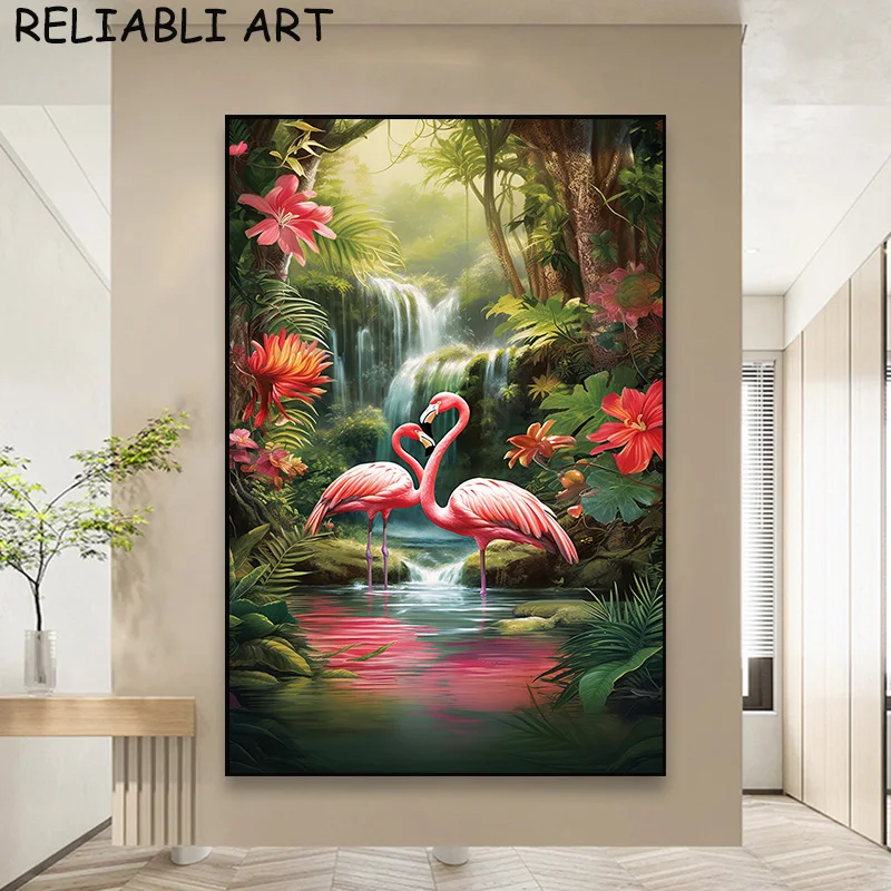 モダンなピンクのフラミンゴのキャンバス絵画、北欧の動物のポスターと