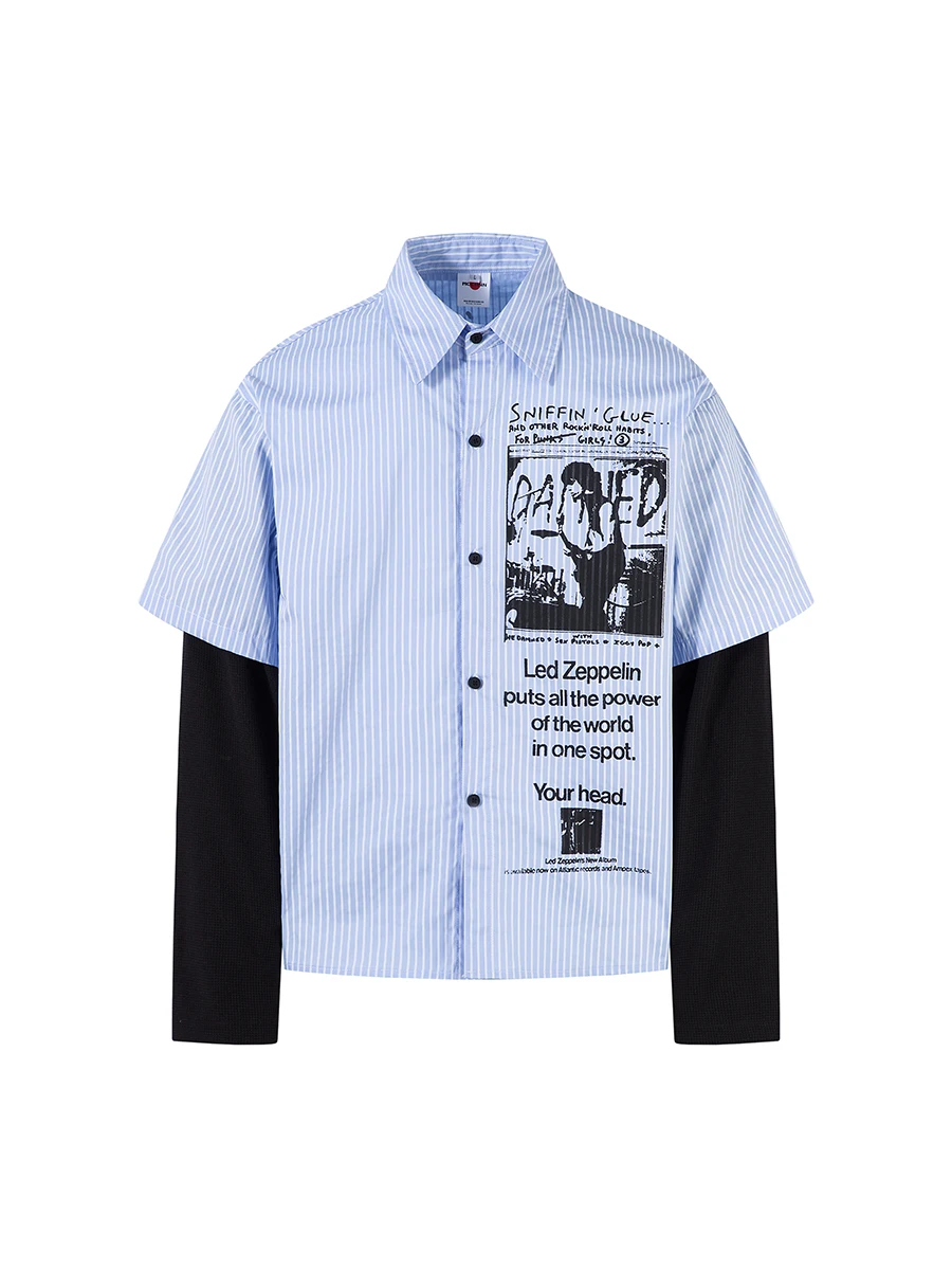 

American Street Style Loose Fit Striped Shirt Printed Base Layer Shirt Turn-down Collar Fake Two-Piece Design Men's Casual Shirt