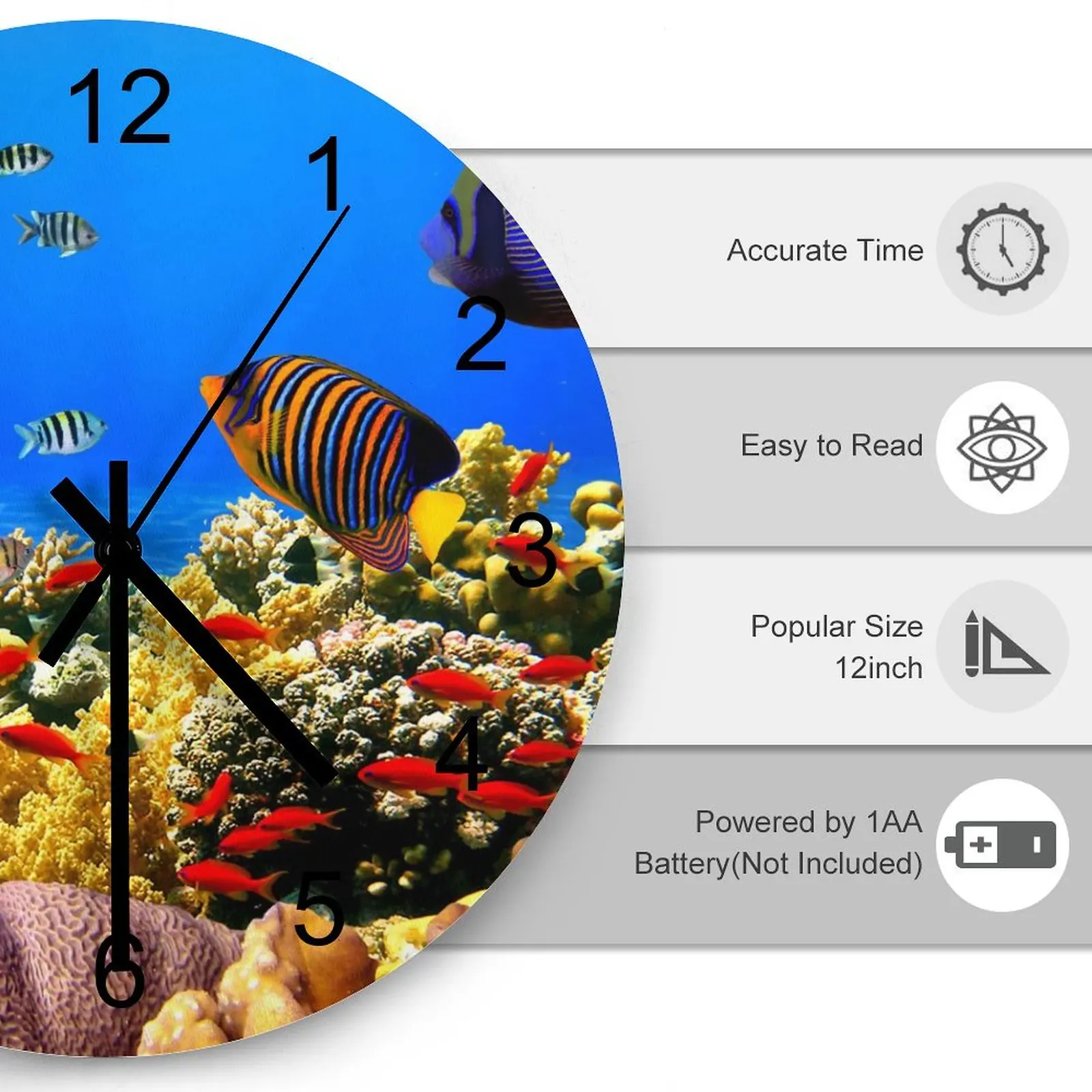 Kitchen Wall Clock Underwater world Dynamic fish Clocks 12 inch Silent Fashion Round Durable Easy Assemble Retro