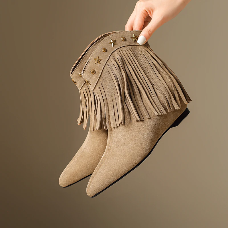 

Кожаные ботинки из натуральной замши с бахромой, классические ковбойские ботинки, женские ботинки, ручная работа, женская обувь с бахромой.