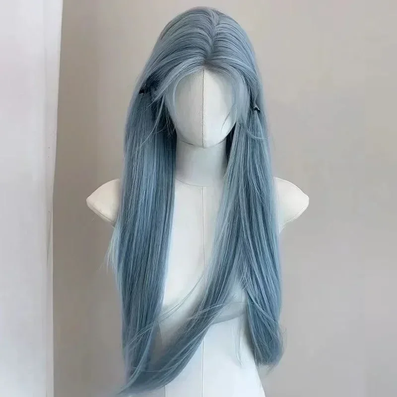 Glacier Blue Forehead Lace Low Saturation Blue Wig Female Full Head Long Hair Simulation Hair Summer Lightweight