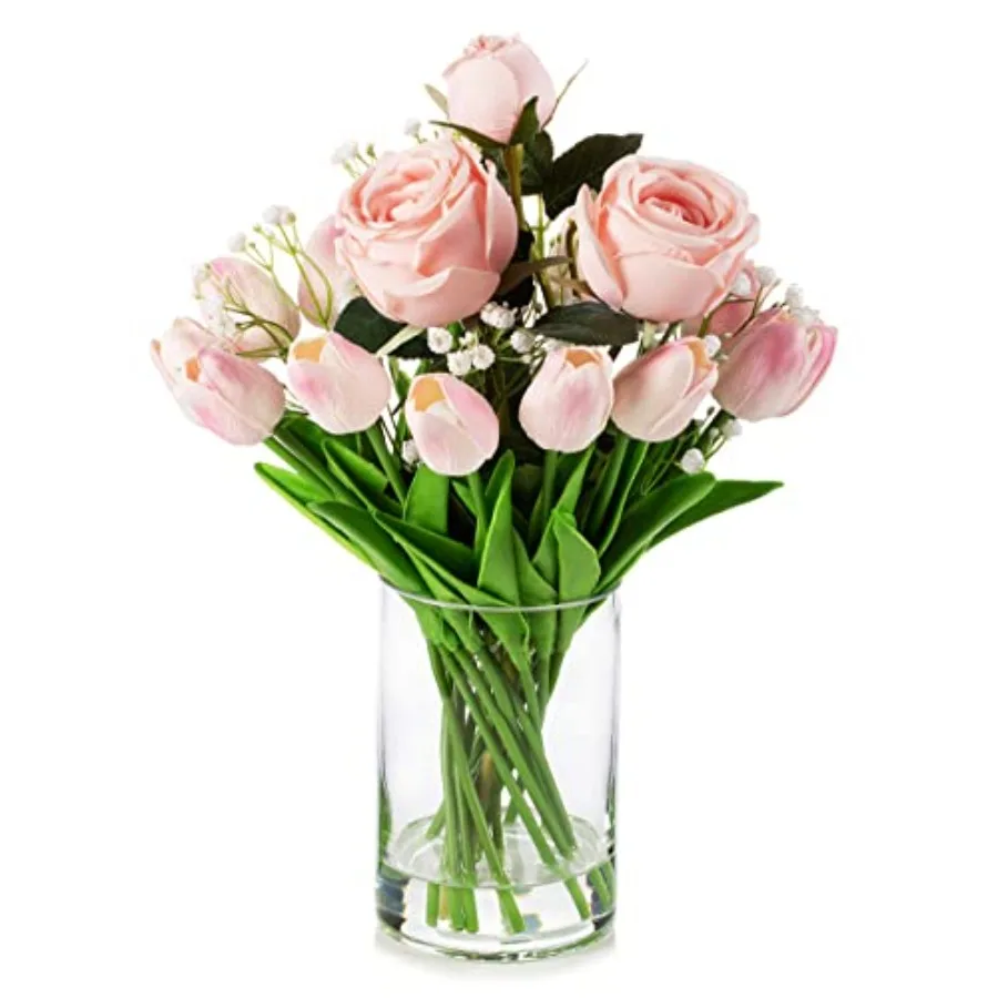 

Mixed Silk Rose Artificial Flowers and Real Touch Tulips Fake Flowers in Glass Vase Artificial Floral in Vase with Faux Water f
