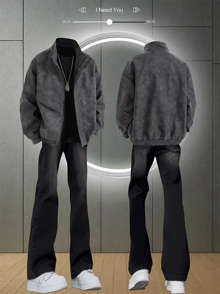 

Мужской костюм из матовой кожи в стиле бейсбольной куртки, весенний комплект в американском ретро-стиле для мотоциклистов, молодежный модный комплект