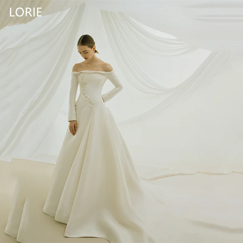 

LORIE Wirte Satin A-Line Wedding Dresses Off Shoulder Full Sleeve Bridal Gown Floor-Length Long Tail Bride Gowns 2025 Customized