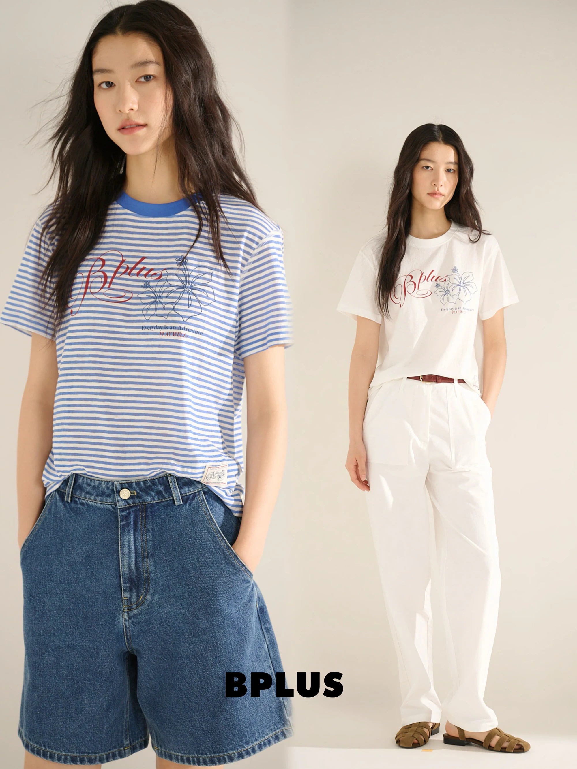 

BPLUS26 Spring Summer Vintage American Light Short Sleeve T-Shirt Hibiscus Print Cotton Polyester Blend Striped round Neck
