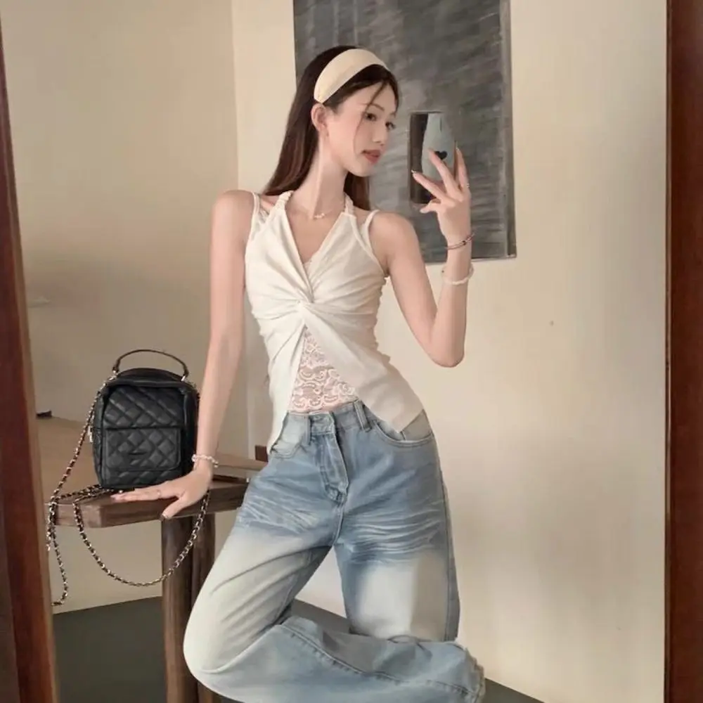 

Кружевной лоскутный жилет с V-образным вырезом, однотонный топ без рукавов с открытой спиной, летний тканевый топ на тонких бретельках, пляжная одежда