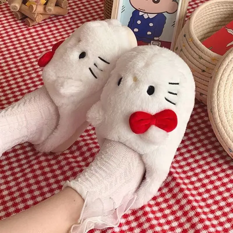 Cute Cartoon Hello Kitty Lady Plush Slippers 2024 New Flat Shoes Keep Warm Non-Slip At Home In Autumn Winter Girl'S Birthdaygift