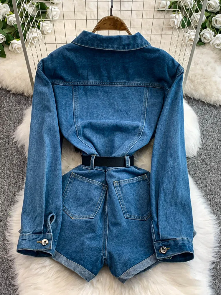 

Korean Sle Retro Denim Overalls Women's Spring New Design Wide Leg ort Pants Set High Waist Commute ket Detail