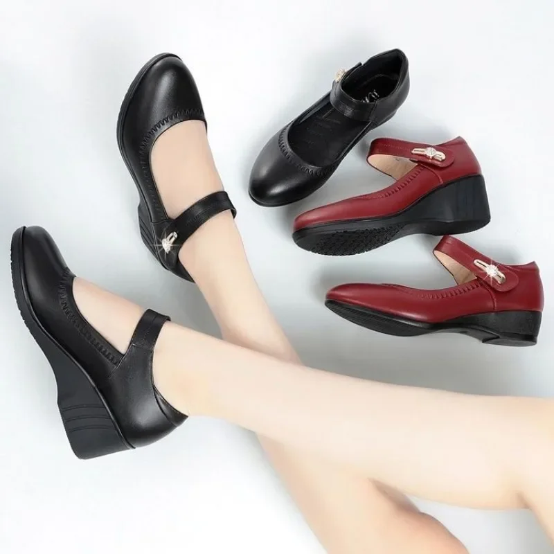 Fashion Women's Sandals Platform Party Pumps PU 5CM Square Heel Summer Buckle Strap Women Shoes Black Wine Red