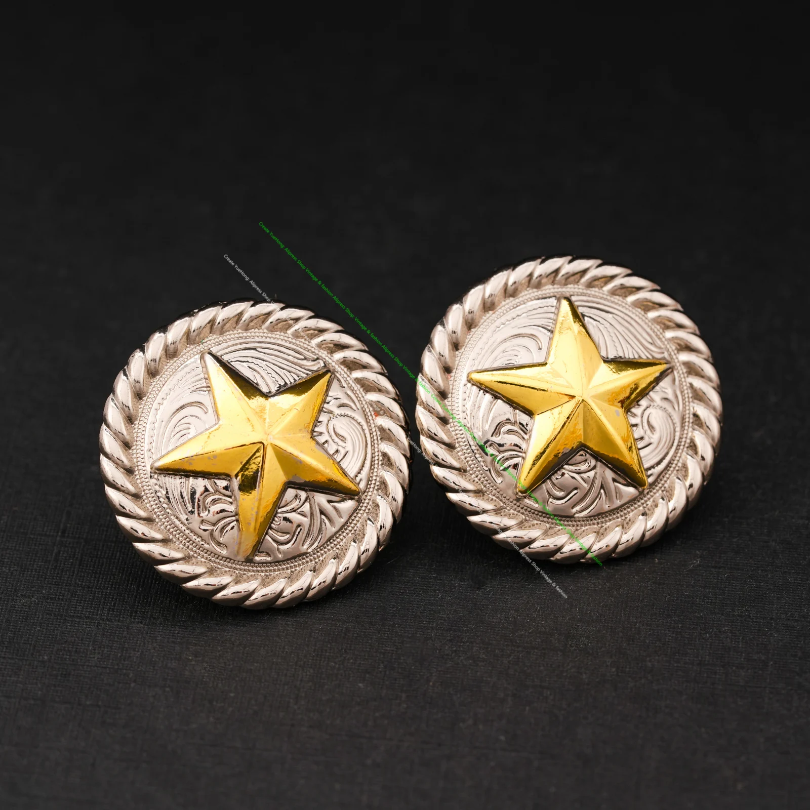 5X 1-1/4 Inches Silver Western Ranger Gold Texas Star Leathercraft Belt Horse Headstall Saddles Conchos Button Belt Collar Decor