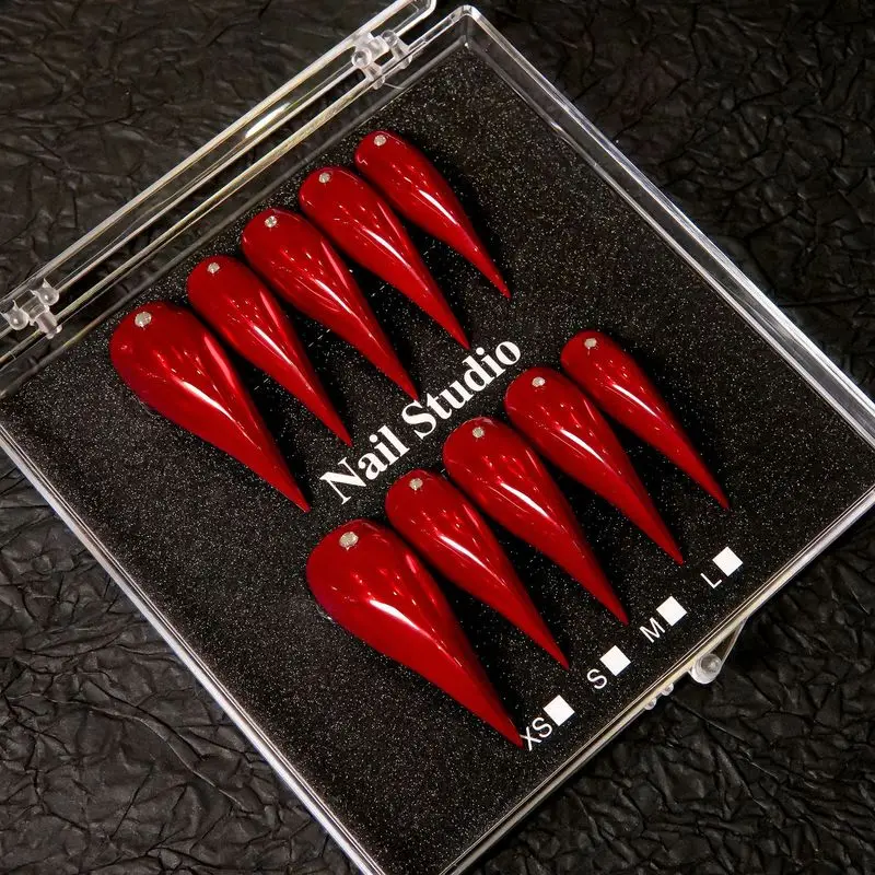 Extra Long Stiletto Press On Nails Bright Red Glossy False Nails Handmade Rhinestone Nail Art For Cosplay Halloween Party