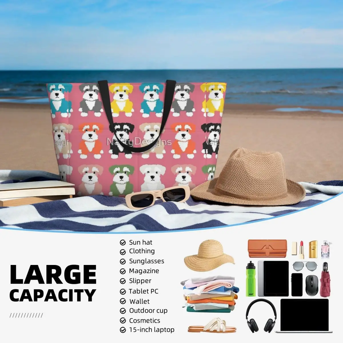 Rainbow Of Miniature Schnauzer Dogs bolsa de viaje para la playa, bolso de mano, bolso de hombro diario de gran capacidad a la moda, patrón multiestilo