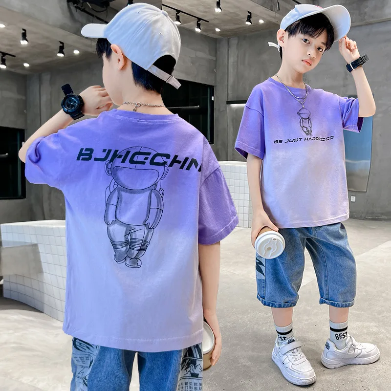 2024 Korean Summer Junior Boy Sportswear Teenager Boy Cartoon Casual Cotton T-shirt Children Boy Short-Sleeved T-Shirt Tops