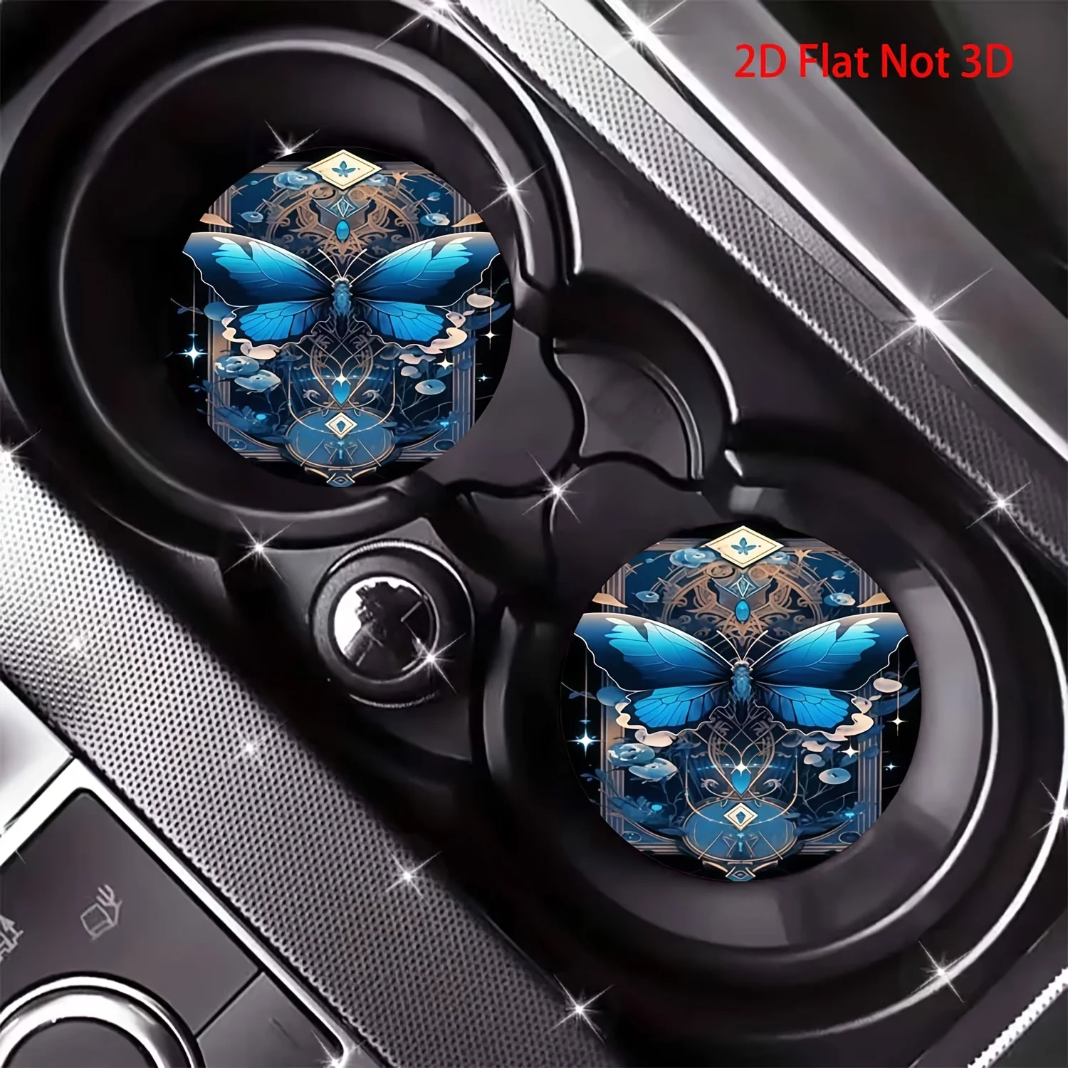 2pcs Gorgeous Blue Butterfly With Ornate Patterns Car Coasters, Easy To Clean Coasters, Women'S Car Interior Decoration Addition