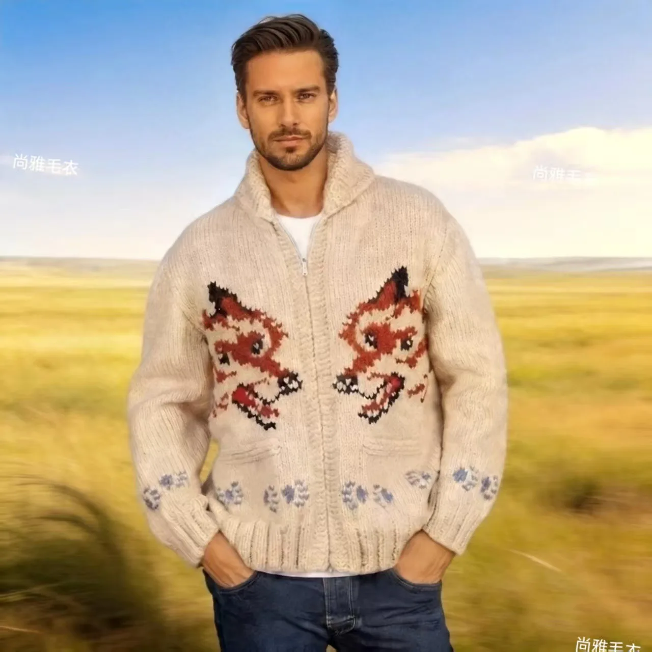 Men's Fox Plaid Knitted Sweater Blazer for Spring 2026 - Thick Knit with Zipper Closure Loose and Comfortable Style