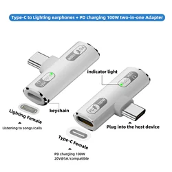 USB-C to lighting headphone jack plus Type-C PD100W fast charging two-in-one suitable for iPhone 15/16 series Type-C devices