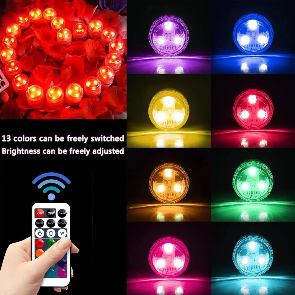 Mini Submersible LED Lights Small Underwater Tea Lights IP68 Waterproof Candles Lights Colour-Changing Light for Weeding Xmas