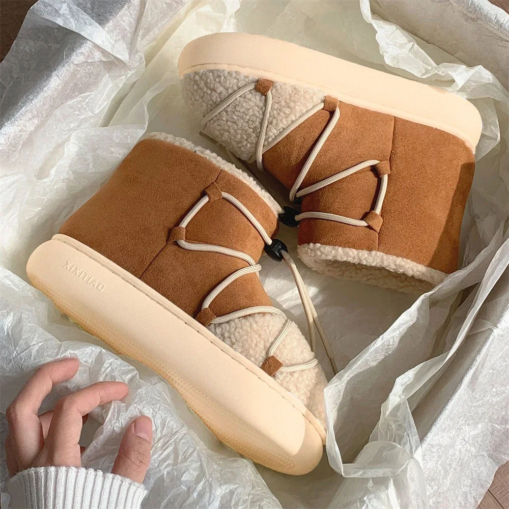 New Winter Warm Snow Boots 2022 Fur Design Women Short Boots Non-slip Light Comfortable Men Home Slippers High Top Bread Shoes