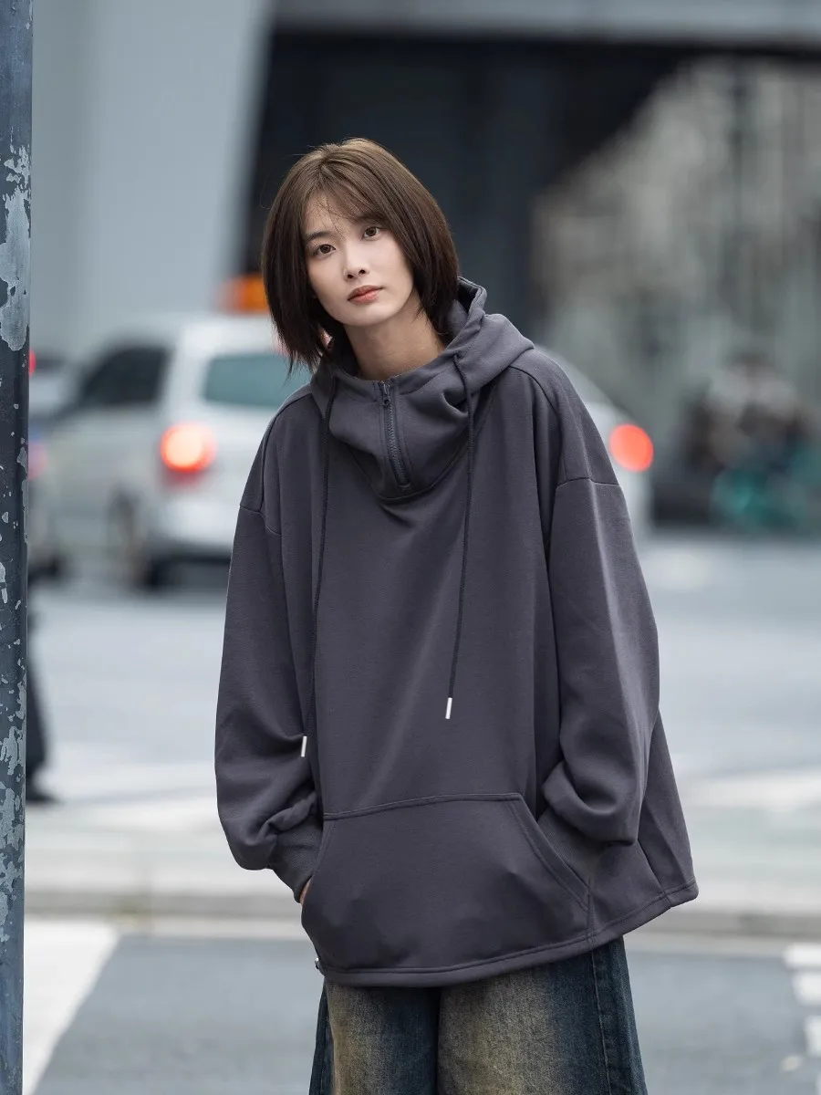 Retro Japanese Sle Hoodie Sweatirt ex Lazy Sle Casual Outerwear with Kangaroo ket Trendy  Color Zipper