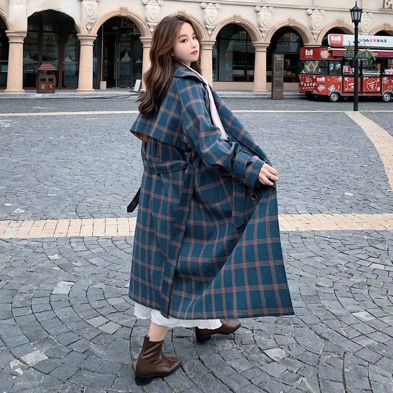 

Baggy Plaid Trench Women Classic Harajuku Aesthetic Streetwear Simple Spring Autumn Overcoats Gentle Fashion British Clothing