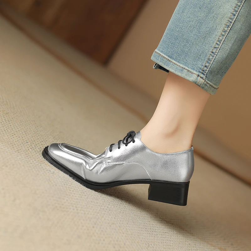 2024 New Spring Genuine Leather Women Shoes Casual Lace-up Loafers Square Toe Oxford Shoes Pumps Sliver Ladies Shoes