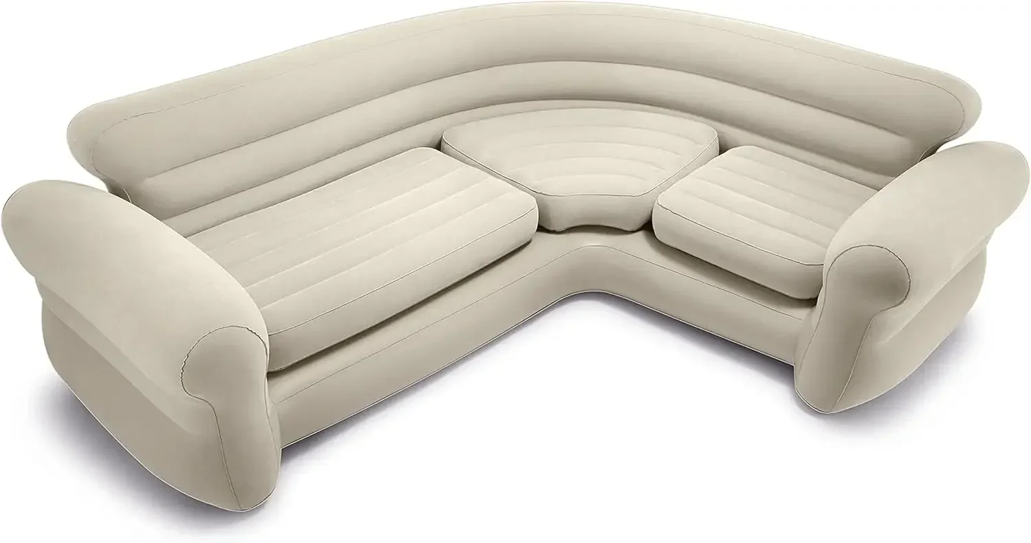 Inflatable 2 in 1 Inflating and Deflating Valve Corner Living Room Air Mattress Sectional Couch for Living Room or  Beige