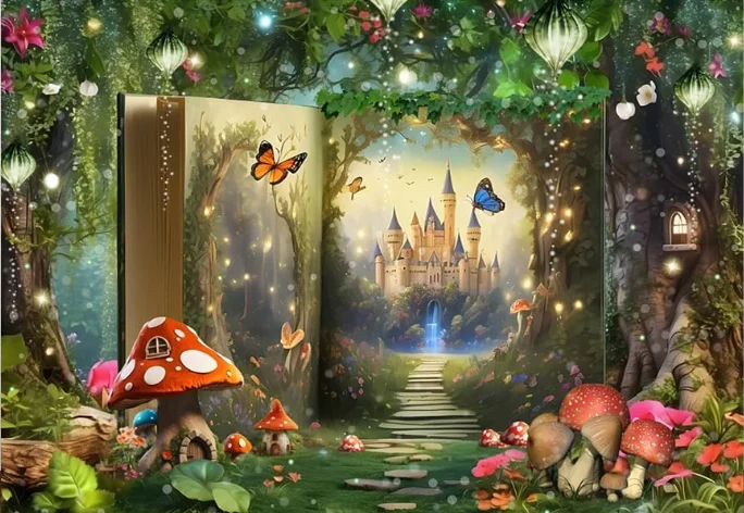 Spring Fairy Tale Mushroom Forest Backdrop Fantasy Magical Book Background Wonderland Castle Fireflies Butterfly Wildflower