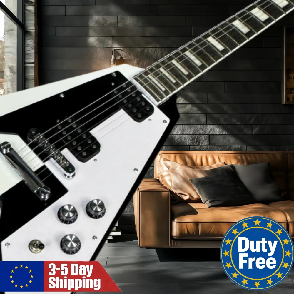 Duitse Warehouse White&Black V-serie gitaar, mahoniehouten body, palissander hals, HH pickup, vaste brug, handgemaakte rockgitaar