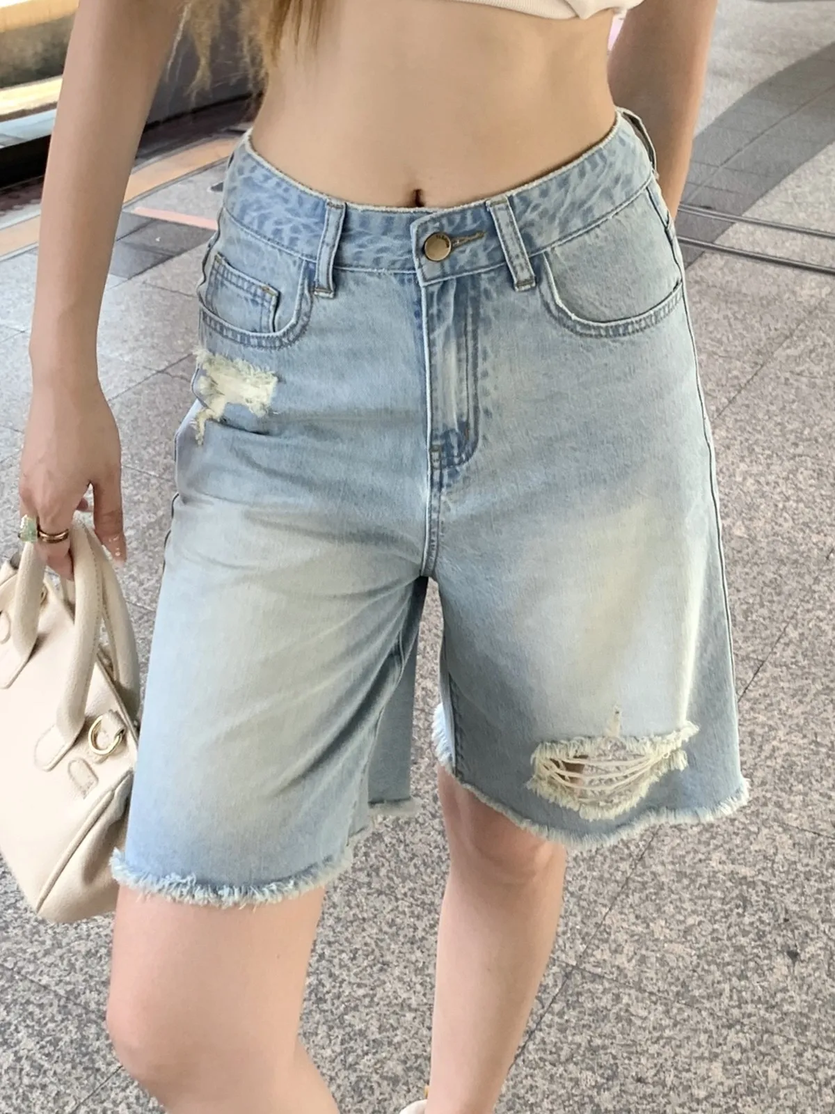 

ZHISILAO Ripped Knee Length Denim Shorts Women Vintagehollow Out Hole High Waist Straight Jeans Shorts Summer 2024