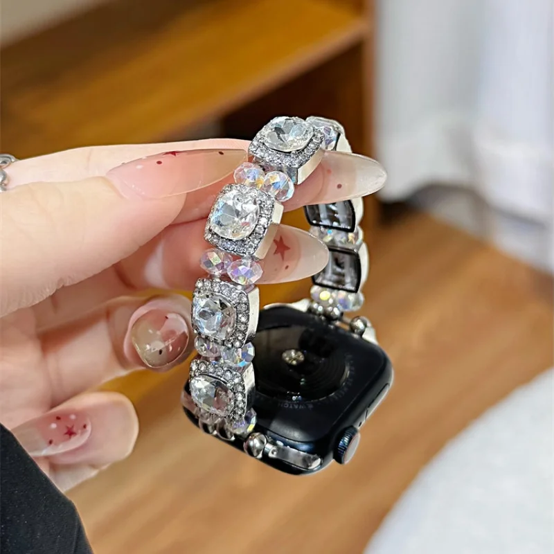 

Square Sugar Colored Gemstone Metal Sparkling Diamond Compatible iWatch Strap 38mm 40mm 41mm 42mm 44mm 45mm 49mm Fashion Strap