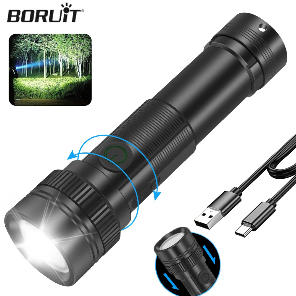 

BORUIT ST12 Zoom LED Flashlight Super Bright Type-C Rechargeable Spotlights Waterproof Camping Hand Lamp Fishing Tactical Torch