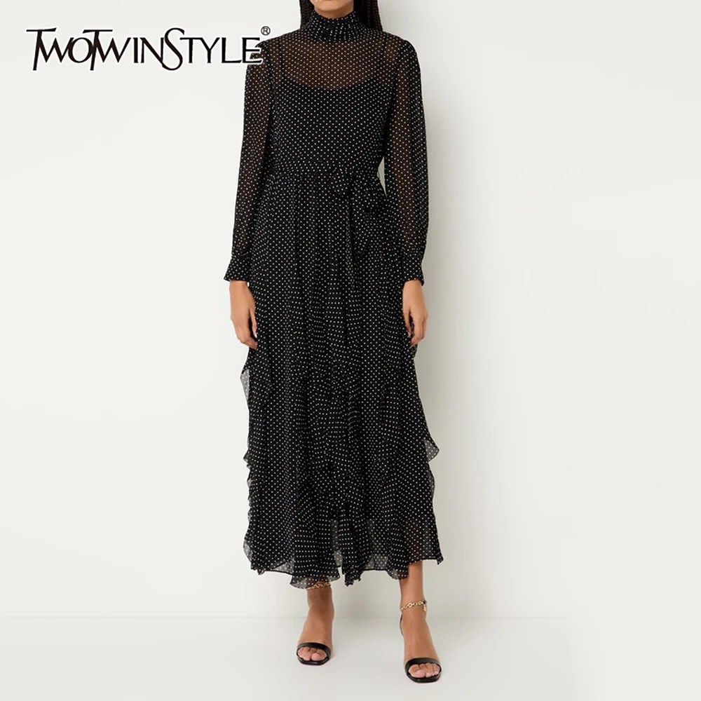 TWOTWINSTYLE pure épissé vague Point robes de mode pour les femmes haute Waneck manches longues Patchwork champignon plis robe femme nouveau