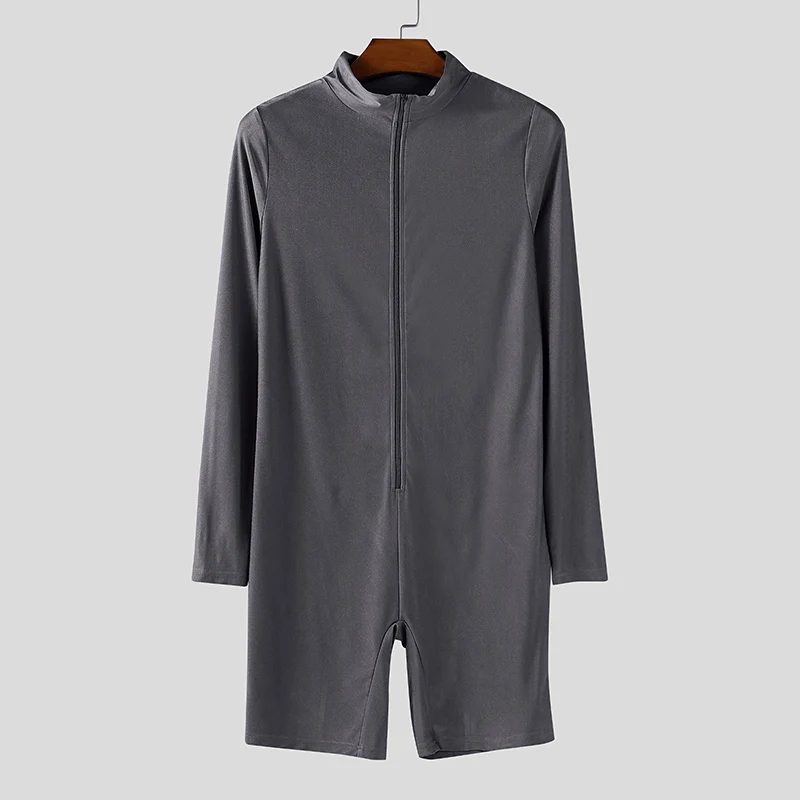 

INCERUN Men Bodysuits Solid Color Skinny Zipper Long Sleeve Male Rompers Playsuits Workout Fashion Casual Men Bodysuit S-3XL