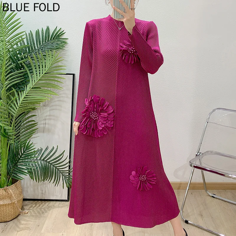 Miyake 2025 verão nova coleção de vestidos plissados com padrões florais costurados à mão e designs de contas faz um visual magro