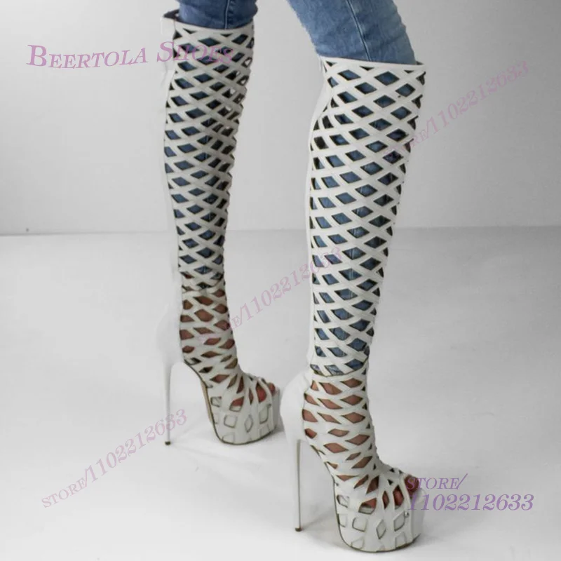 White Mesh Hollow Platform Knee Boots Women Stiletto Peep Toe Back Zipper Sexy Shoes Simple Summer Spotted Leather Sewing Shoes