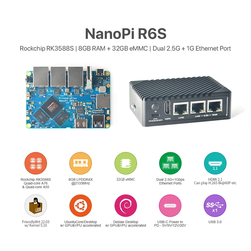 RealQvol NanoPi R6S 8GB RAM 32GB eMMC Rockchip RK3588S A76 A55 Dual 2.5G Ethernet Support HDMI2.0 Linux/Openwrt/Debian/Ubuntu