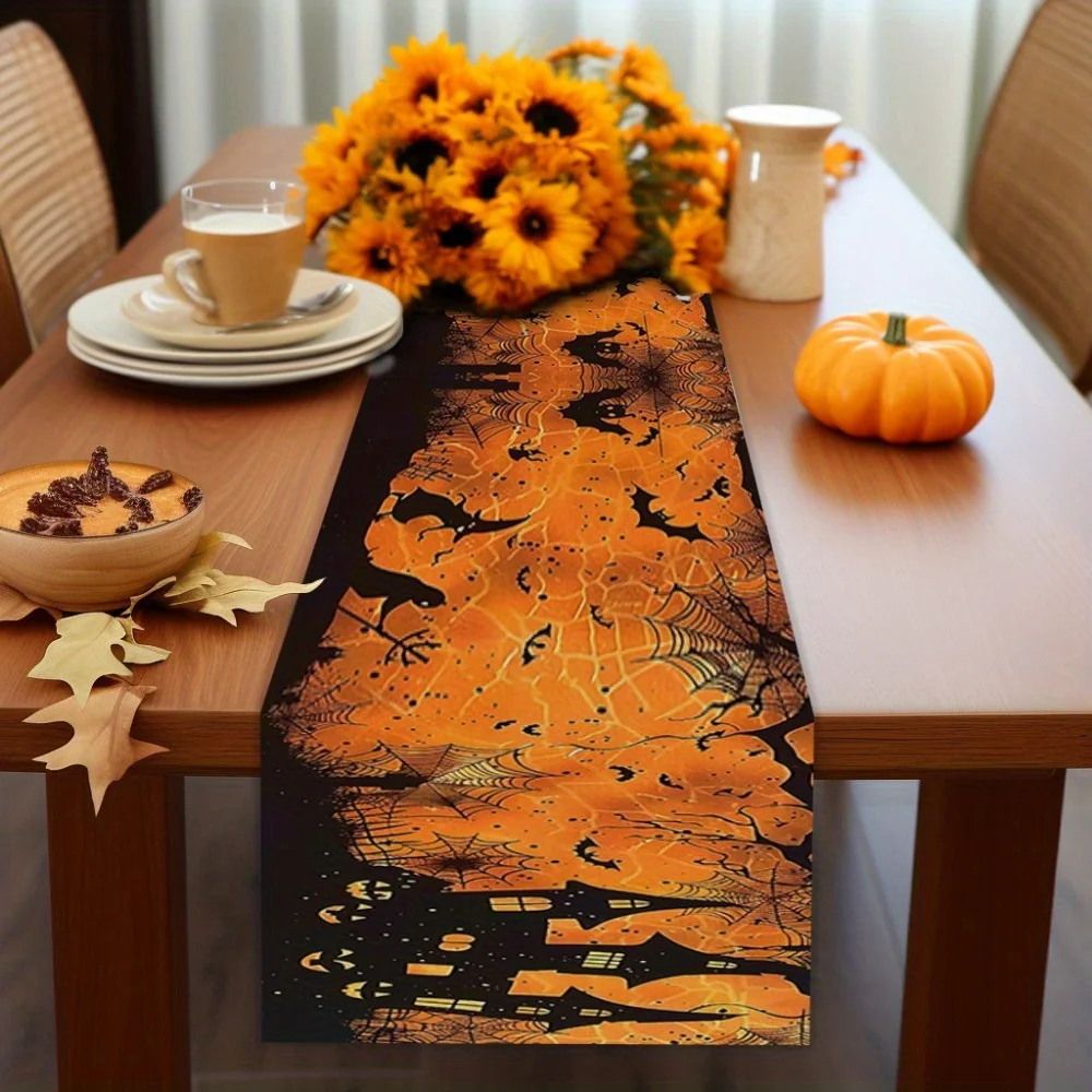 1Pc Halloween Themed Table Runner, Orange and Black with Castle, Ghost and Pumpkin Pattern, Suitable for Parties, Restaurants, Home, Market, Holiday Decoration Scenes.