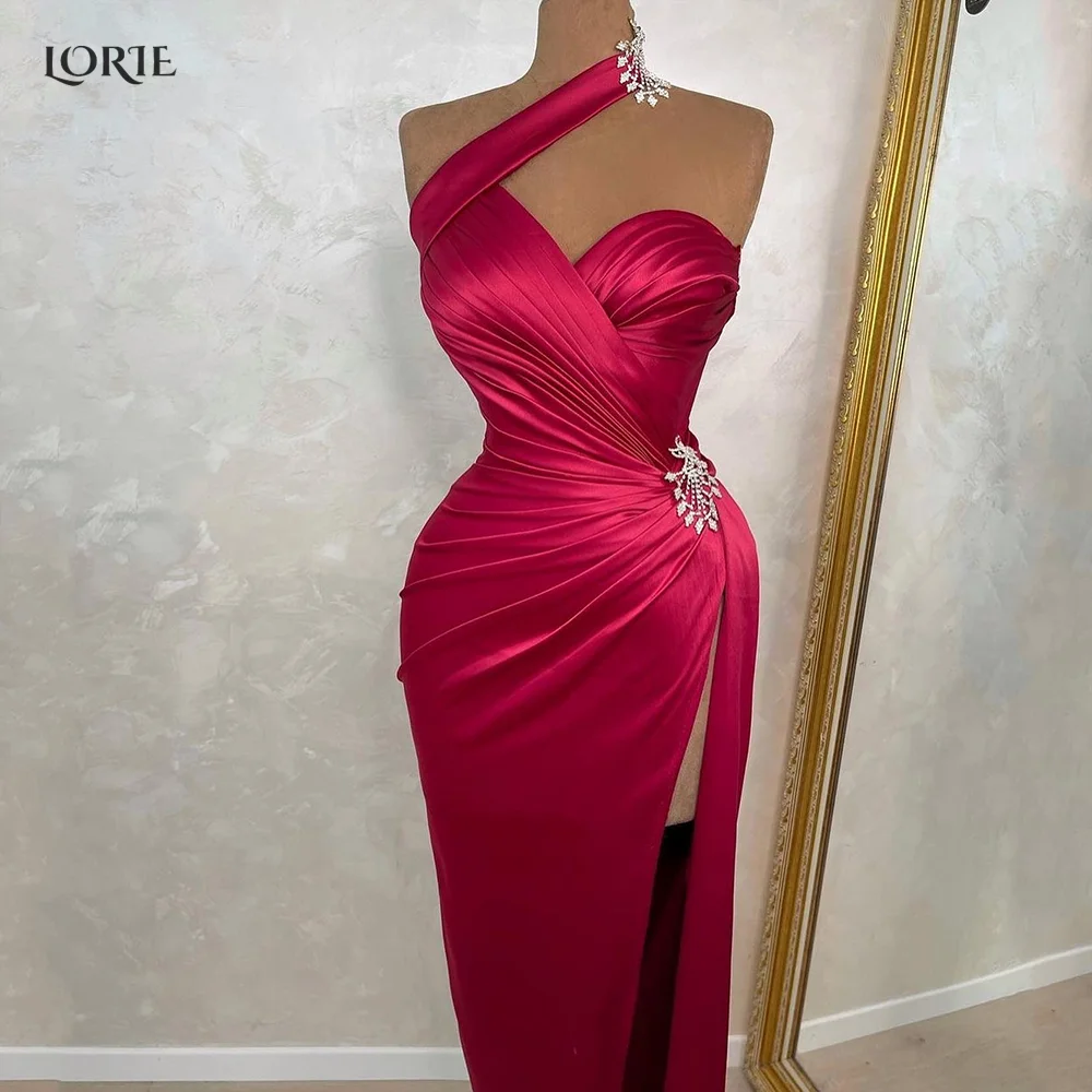 

LORIE Red Evening Dresses Halter Pleated Dubai Mermaid Satin Celebrity Gowns Side Slit Beadings Arabia Ruched Party Dress 2022