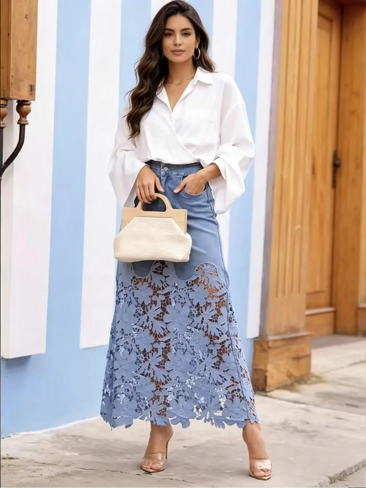 2026 Legant Summer Sexy Ladies Denim Lace Hollow Skirt 2026 Vintage Solid Color High Waist Slim Fit Temperament Skirt Vacation