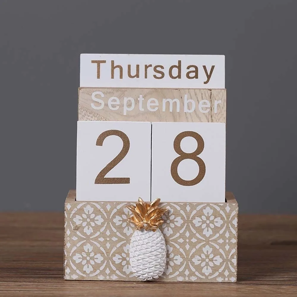 Aesthetic Wooden Perpetual Calendar Cactus Manual Desk Calendar Ornament Home Decoration Pineapple Date Display Ornament Office