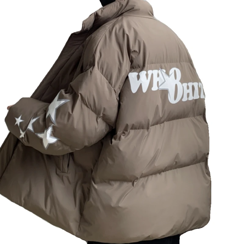 Casual Winter Down Jacket Mens American Fashion Star Letter Print Stand Up Collar Thickened Warm Loose Cotton Padded Parkas Coat