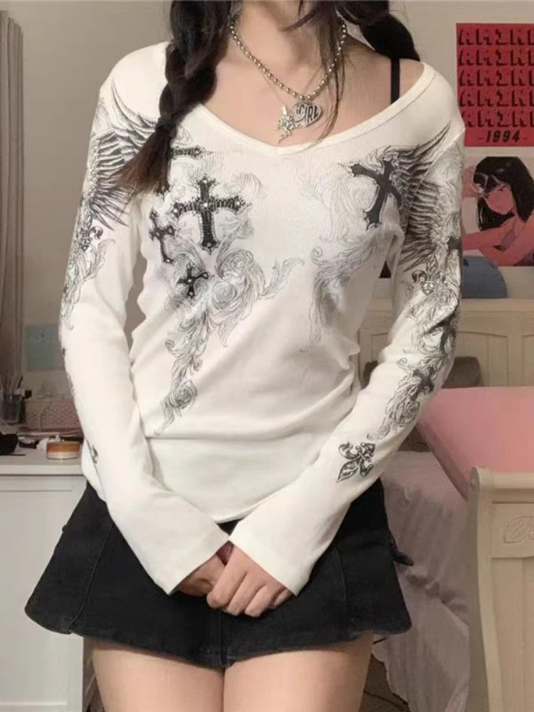 الخريف الجمالية القوطية سليم تي شيرت النساء Y2k الأبيض الشرير الجرونج ريترو مثير طباعة القمم طويلة الأكمام خمر Harajuku الملابس جديد