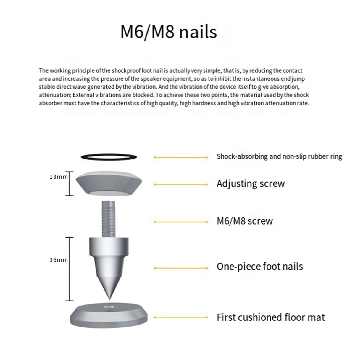HIFI 오디오 스피커 앰프 충격 흡수 풋 콘 피트 베이스, 네일 절연 스파이크 스탠드 패드, M8 풋 네일, 1 개