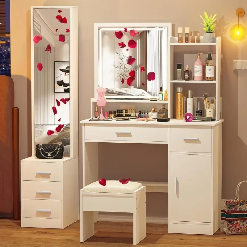 Bureau de maquillage avec lumières et miroir pleine longueur, ensemble de table de vanité blanche avec 3 modes d'éclairage, table en élasthanne avec tiroirs de proximité