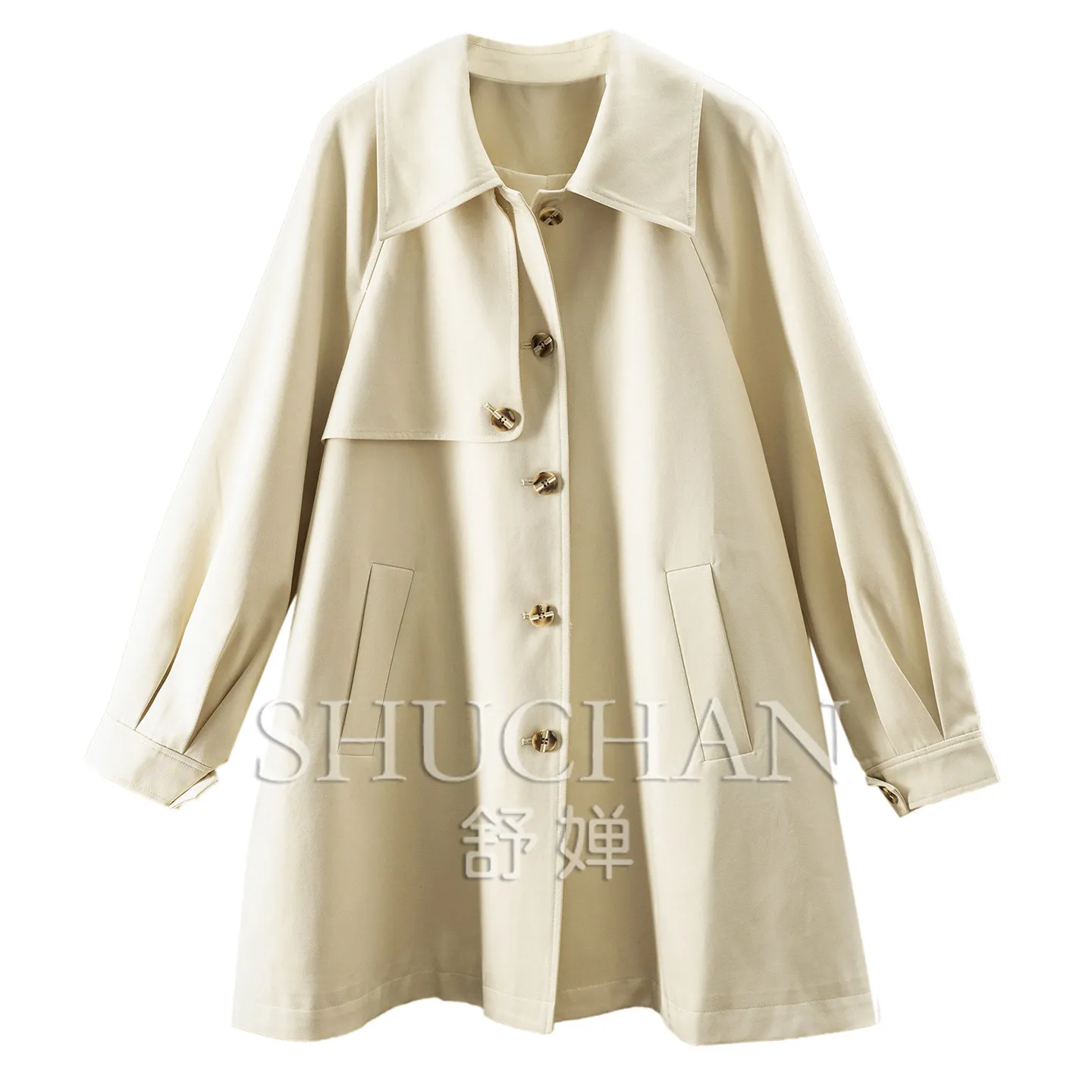 Long Wind Simple, Neat Wind Bone Cabinet Loose Lyocell Cotton Medium and Long Trench Coat Female F369
